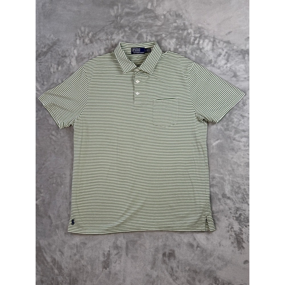Polo Ralph Lauren‎ Polo Shirt Men L Green White Striped Pocket Preppy Classic